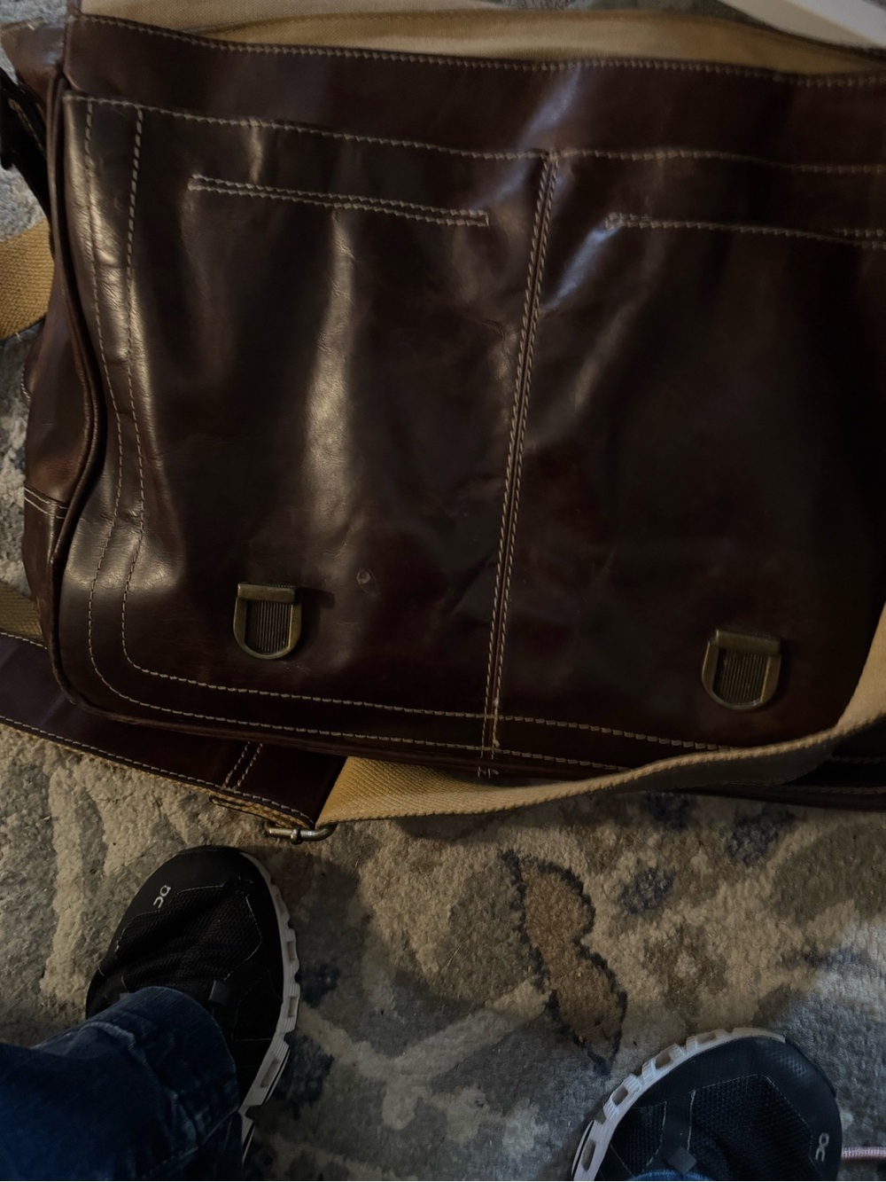 Fossil Dark Brown Leather Messenger Bag with Canvas Strap